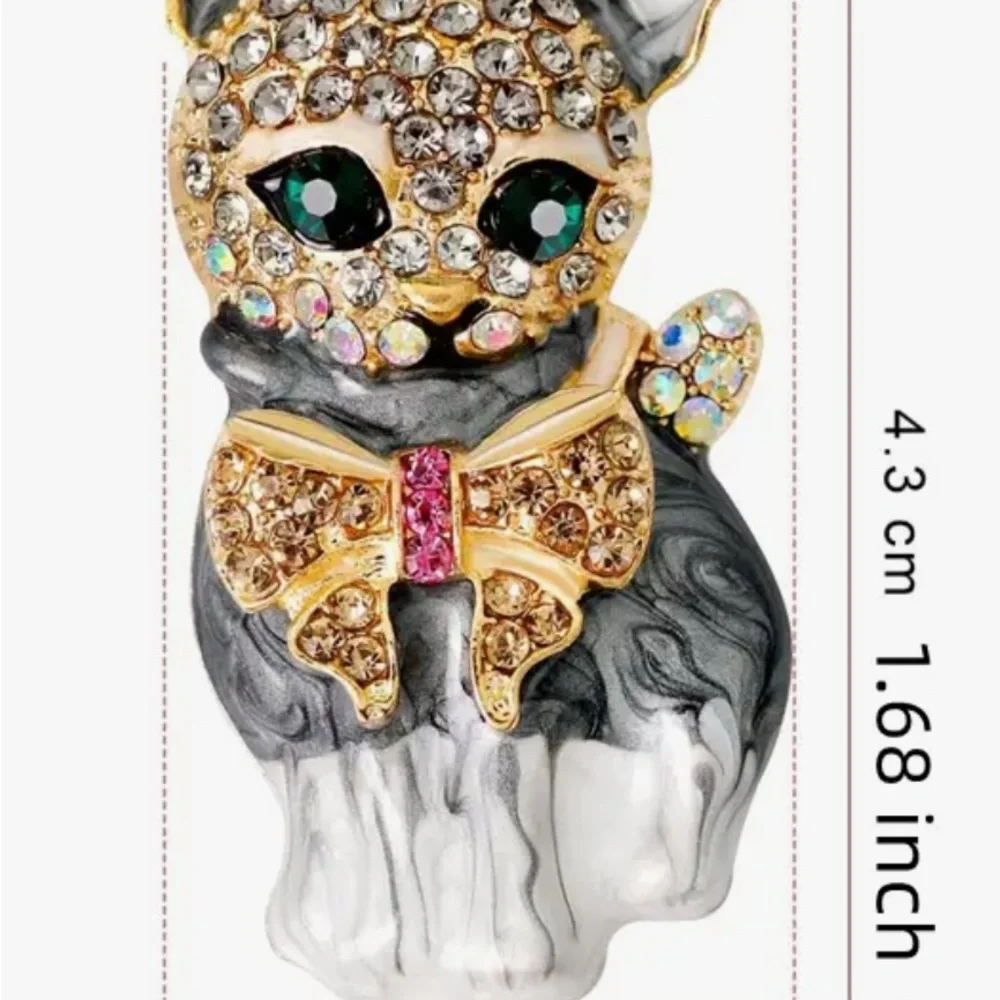 Gold and Black/Gray Cat Brooch with Sparkling Zirconias Details NWT